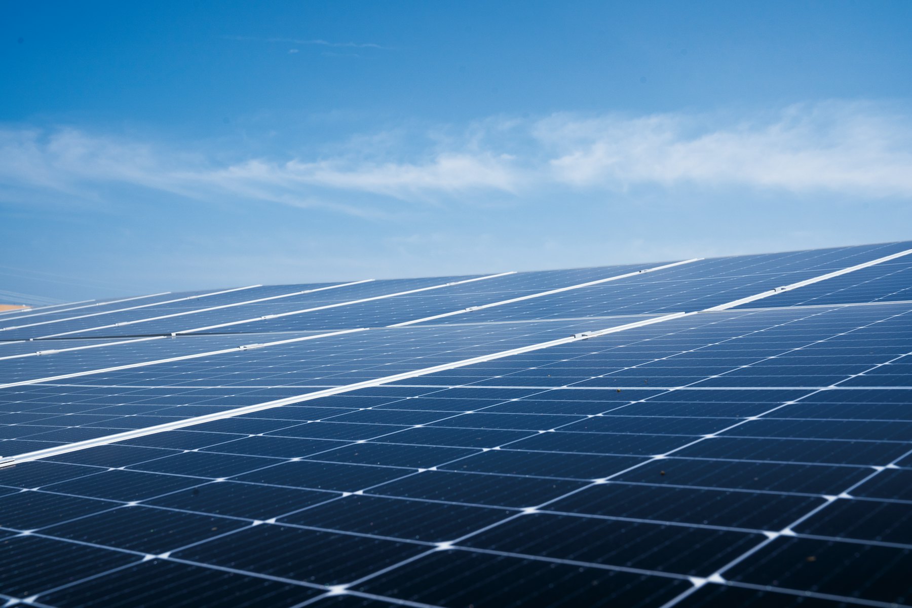 File di pannelli fotovoltaici sotto il cielo